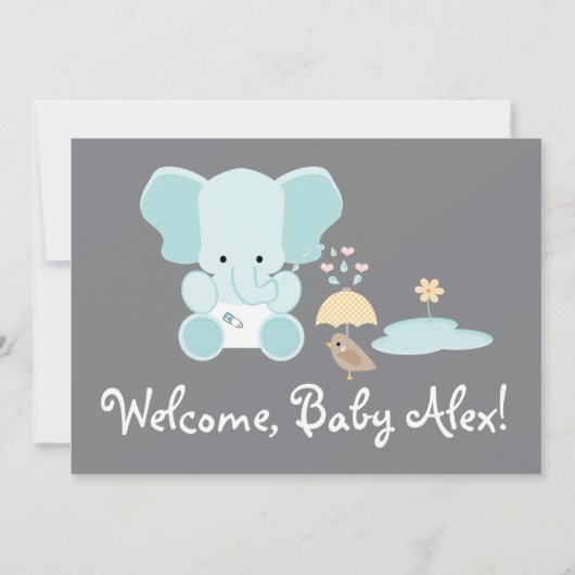 Blue Elephant Little Bird Welkom Baby Kaart (Voorkant)