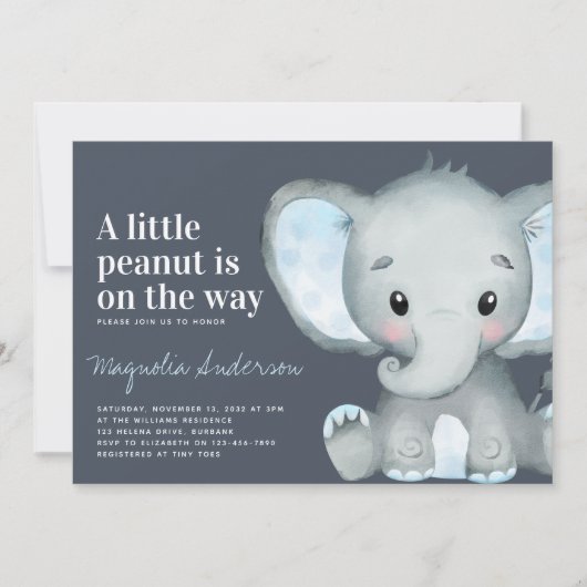 Blue Elephant Little Peanut Baby shower Invitation Kaart (Voorkant)