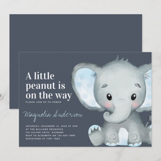 Blue Elephant Little Peanut Baby shower Invitation Kaart (Voorkant / Achterkant)