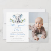 Blue Elephant Little Peanut Boy 1st Birthday Foto Kaart (Voorkant)