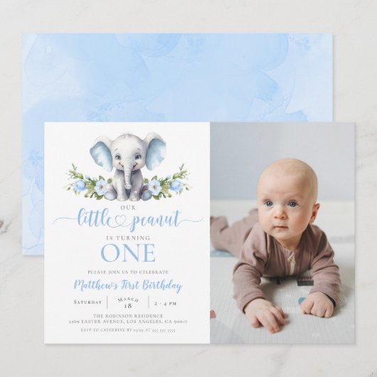 Blue Elephant Little Peanut Boy 1st Birthday Foto Kaart (Voorkant / Achterkant)