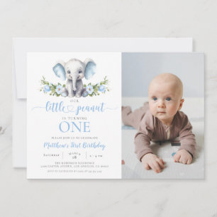 Blue Elephant Little Peanut Boy 1st Birthday Foto Kaart