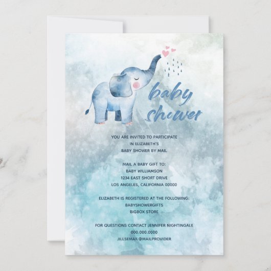 Blue Elephant Long Distance Baby shower per post Kaart (Achterkant)