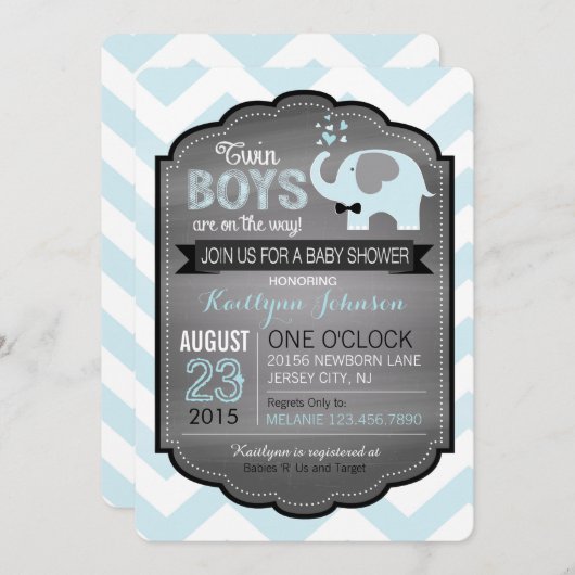 Blue Elephant met Bow-stropdas Baby shower Uitnodi Kaart (Voorkant / Achterkant)