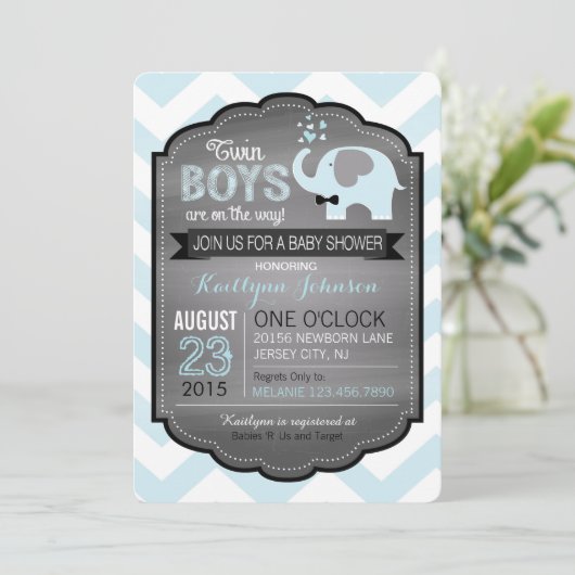 Blue Elephant met Bow-stropdas Baby shower Uitnodi Kaart (Staand voorkant)