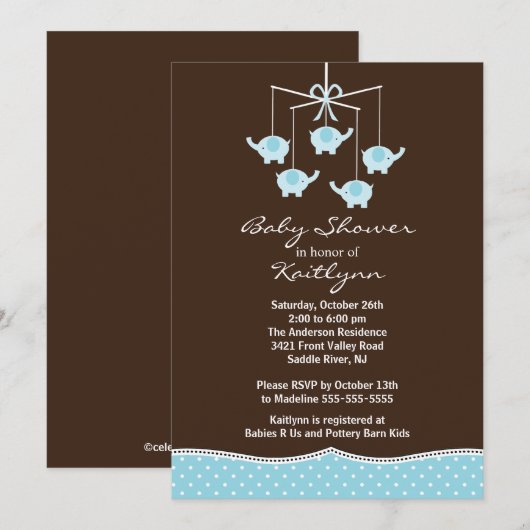 Blue Elephant Mobile Boy Baby shower Invitation Kaart (Voorkant / Achterkant)