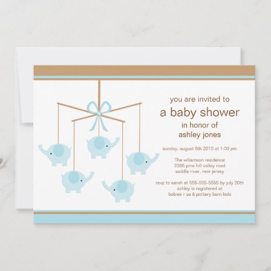 Blue Elephant Mobile Boy Baby shower Invitation Kaart (Voorkant)