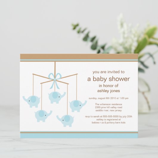 Blue Elephant Mobile Boy Baby shower Invitation Kaart (Staand voorkant)