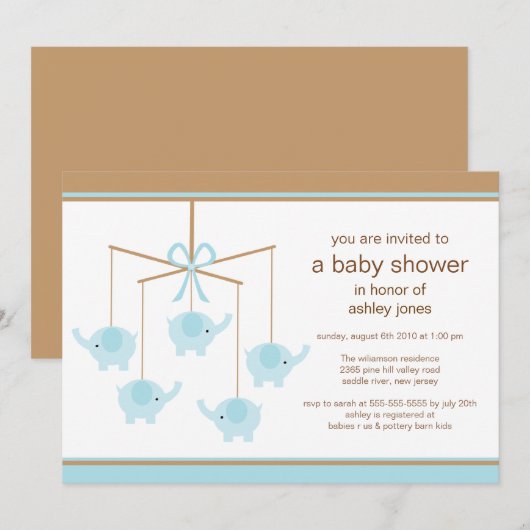 Blue Elephant Mobile Boy Baby shower Invitation Kaart (Voorkant / Achterkant)