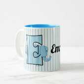 Blue Elephant Monogrammed Big E met Name Kinder Tweekleurige Koffiemok (Voorkant links)