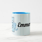 Blue Elephant Monogrammed Big E met Name Kinder Tweekleurige Koffiemok (Center)