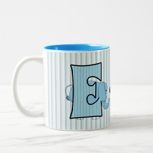 Blue Elephant Monogrammed Big E met Name Kinder Tweekleurige Koffiemok (Links)