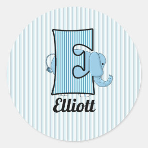 Blue Elephant Monogrammed Letter E Kinder Ronde Sticker