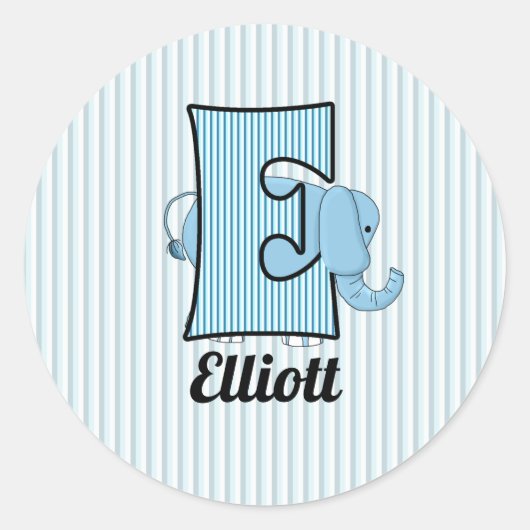 Blue Elephant Monogrammed Letter E Kinder Ronde Sticker (Voorkant)