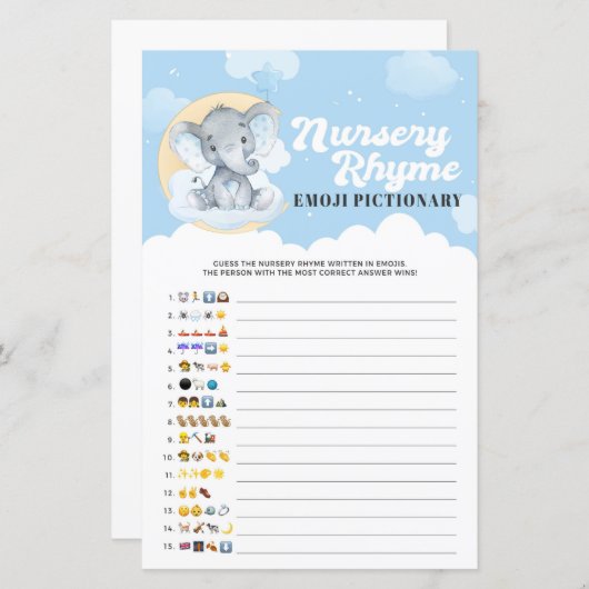 Blue Elephant Nursery Rhyme Emoji Pictionary Game (Voorkant / Achterkant)