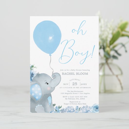 Blue Elephant Oh Boy Baby shower Kaart (Staand voorkant)