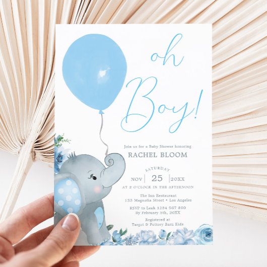Blue Elephant Oh Boy Baby shower Kaart