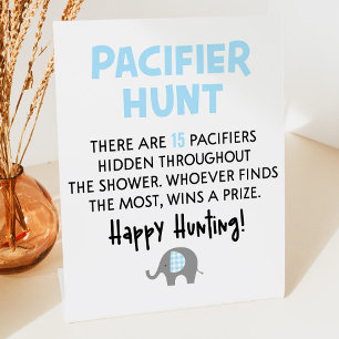 Blue Elephant Pacifier Hunt Baby shower Game Sign Reclamebord Met Voetstuk