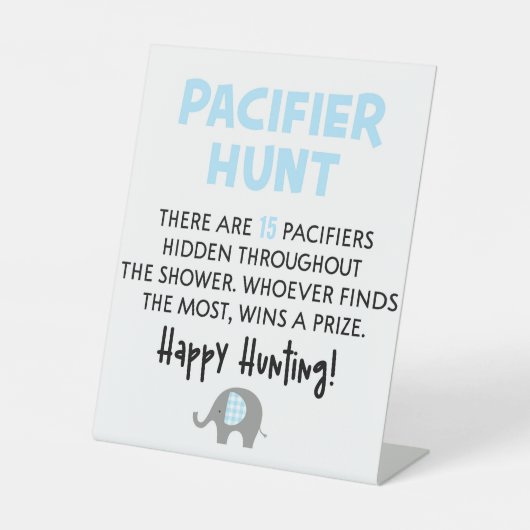 Blue Elephant Pacifier Hunt Baby shower Game Sign Reclamebord Met Voetstuk (Voorkant)