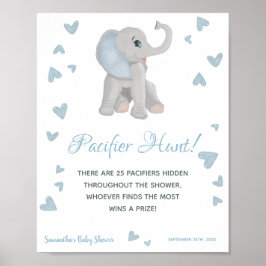 Blue Elephant Pacifier Hunt Game Baby shower Sign. Poster
