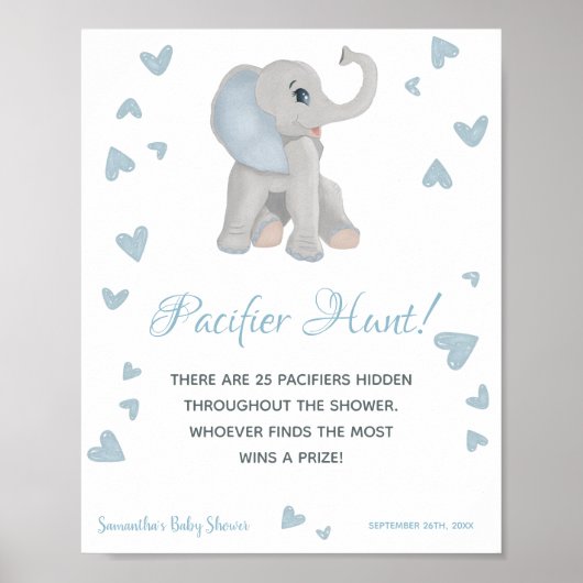 Blue Elephant Pacifier Hunt Game Baby shower Sign. Poster (Voorkant)