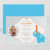 Blue Elephant Photo Birthday Invitation Kaart (Voorkant / Achterkant)