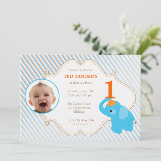 Blue Elephant Photo Birthday Invitation Kaart (Staand voorkant)