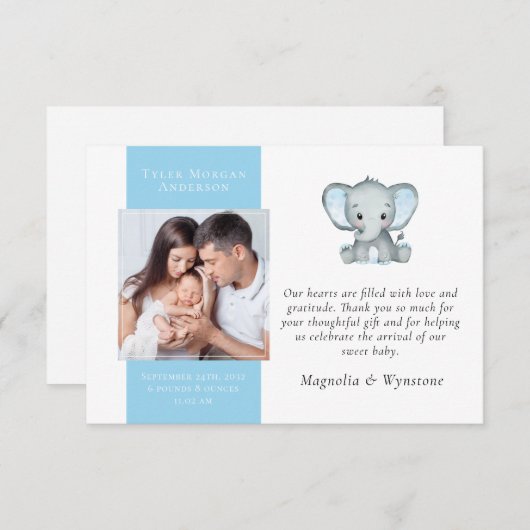Blue Elephant Photo New Baby Bedankkaart (Voorkant / Achterkant)
