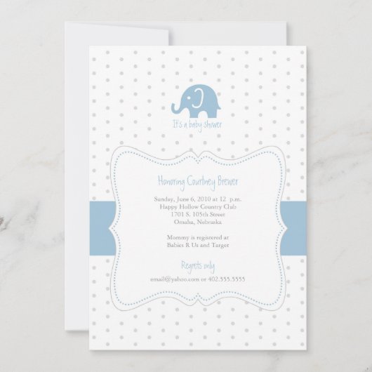 Blue Elephant Polkadot Baby shower Invitation Kaart (Voorkant)