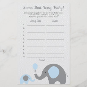 Blue Elephant raadt het Baby Song Baby shower Game Flyer