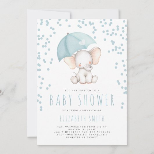 Blue Elephant Rain Sprinkle Boy Baby shower Kaart (Voorkant)