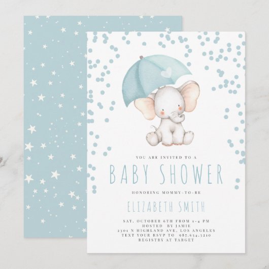 Blue Elephant Rain Sprinkle Boy Baby shower Kaart (Voorkant / Achterkant)