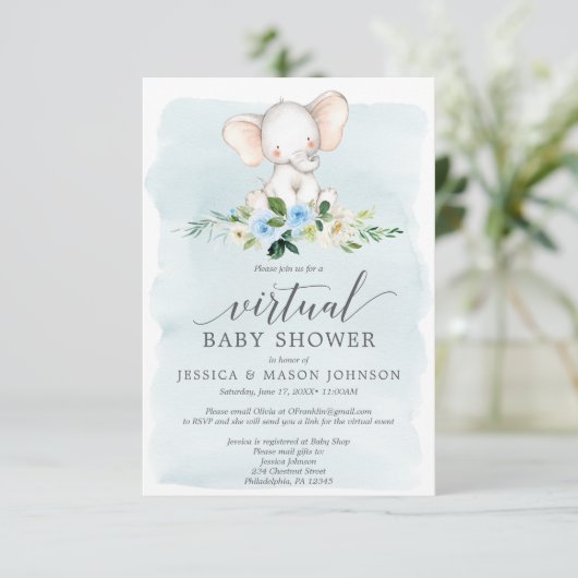Blue Elephant Virtual Baby shower Invitation Kaart (Staand voorkant)