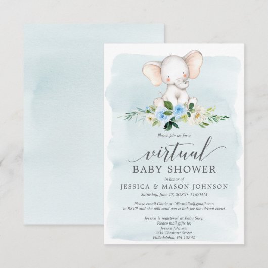 Blue Elephant Virtual Baby shower Invitation Kaart (Voorkant / Achterkant)