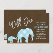 Blue Elephants Brown Modern WILD one 1ST Birthday Kaart (Voorkant / Achterkant)