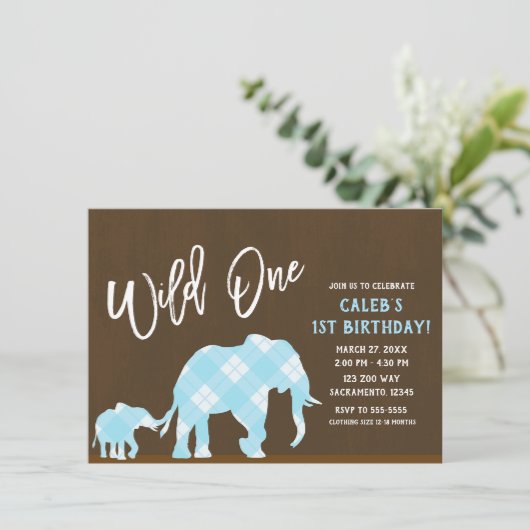 Blue Elephants Brown Modern WILD one 1ST Birthday Kaart (Staand voorkant)