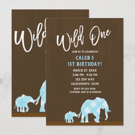 Blue Elephants Brown Modern WILD one 1ST Birthday Kaart (Voorkant / Achterkant)