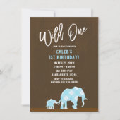 Blue Elephants Brown Modern WILD one 1ST Birthday Kaart (Voorkant)