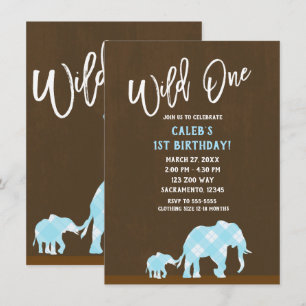 Blue Elephants Brown Modern WILD one 1ST Birthday Kaart