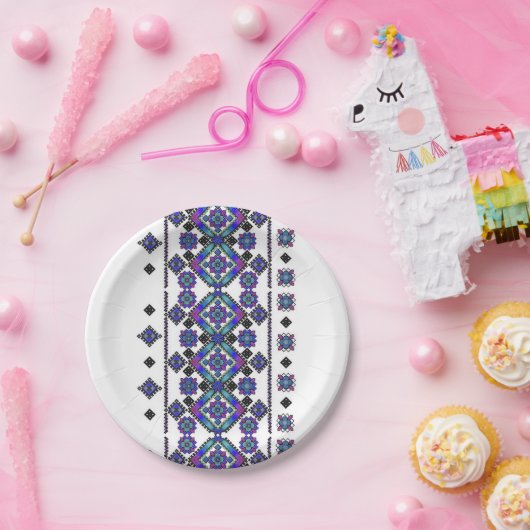 Blue Embroidery Papieren Bordje (Feest)