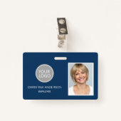 Blue Employee Name Logo Foto Corporate Work Badge (Voorkant met clip)
