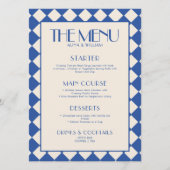 Blue en Cream Retro Checkerboard Wedding Menu (Voorkant)