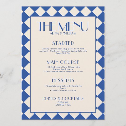 Blue en Cream Retro Checkerboard Wedding Menu (Voorkant)