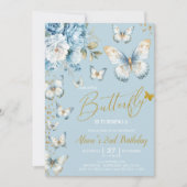 Blue en Gold Little Butterfly Verjaardag Uitnodigi Kaart (Voorkant)