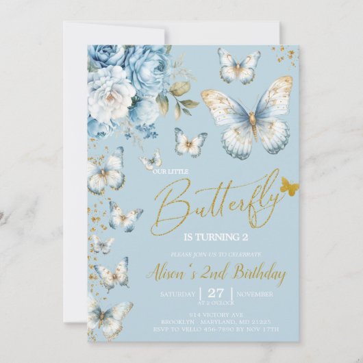 Blue en Gold Little Butterfly Verjaardag Uitnodigi Kaart (Voorkant)