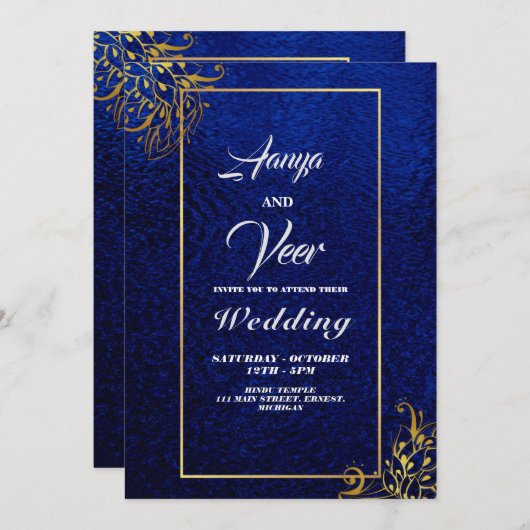 BLUE en Gold Peacock Indian Wedding Invitation Kaart (Voorkant / Achterkant)
