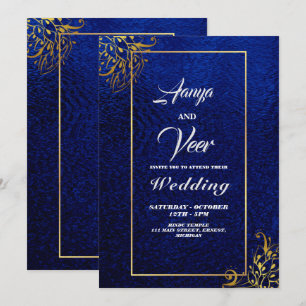 BLUE en Gold Peacock Indian Wedding Invitation Kaart