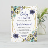 Blue en Navy Summer Flowers Lijst Baby shower Kaart (Staand voorkant)