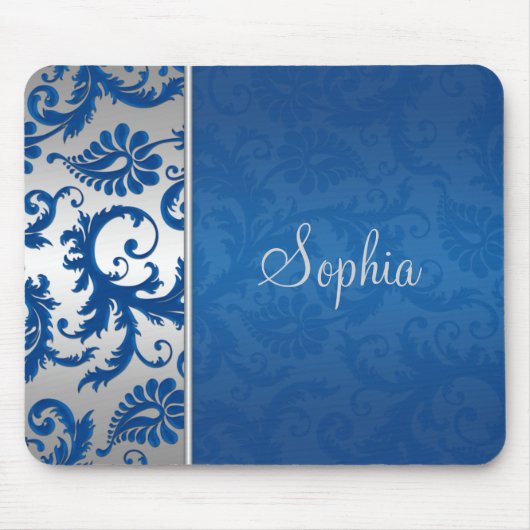 Blue en Silver Damask Mousepad Muismat (Voorkant)