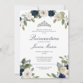 Blue en Silver Tiara Floral Elegant Quinceañera Kaart (Voorkant)